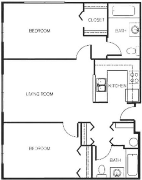 Floor plan for 2 beds, 2 baths, 845 sqft